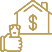 Hand holding money, house with dollar sign.