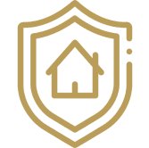 House inside shield logo on black background.