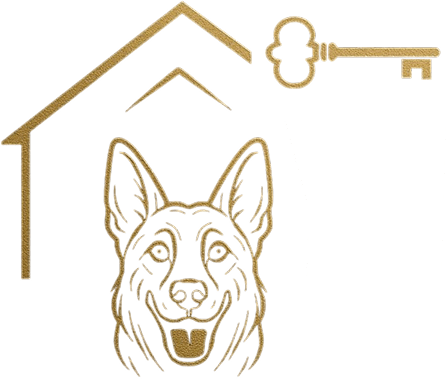 Dog, house outline, key, blank area.